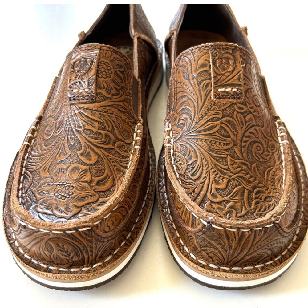 Ariat Brown Genuine Leather Floral Scroll Emboss Slip-On Cruiser Casual Shoe